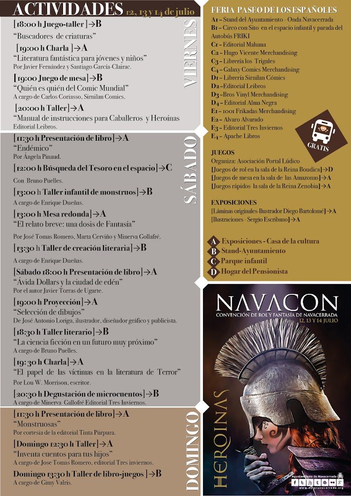 Este #Sábado hay una charla en <a href="/navaconFF/">Navacon</a> a las 19:30h con <a href="/MorrisonWild/">Lou Wild Morrison</a> sobre literatura de #Terror y después firmas en caseta de <a href="/LeibrosEditor/">Editorial Leibros</a> ¡No te lo pierdas!