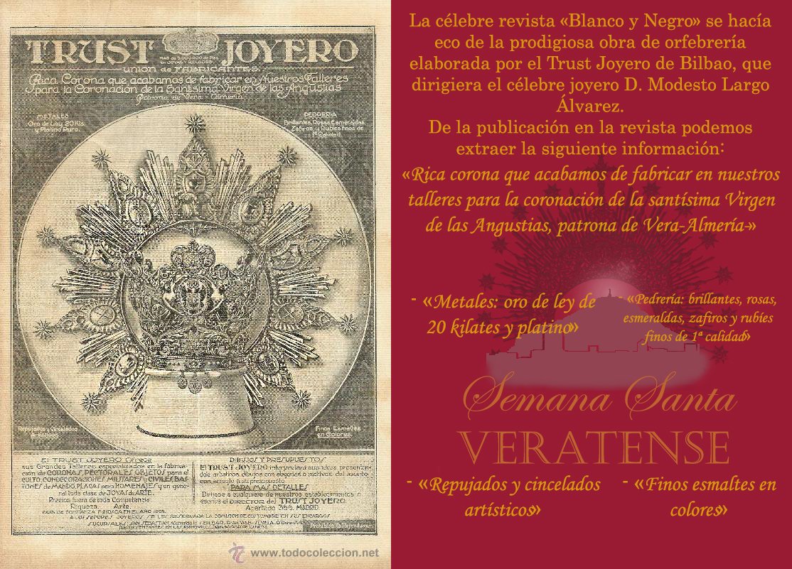 Algunos detalles sobre la magnífica obra de orfebrería que representaba la corona de la <a href="/VAngustiasVera/">Virgen de las Angustias - Patrona de Vera</a> y que desapareció durante la Guerra Civil:
<a href="/CruzGuiaAlmeria/">Cruz Guía Almería</a> <a href="/regionescofrade/">Regiones Cofrade</a> <a href="/CofradeSangre/">Elartedalmeria</a> <a href="/HCAlmeria/">HCAlmería</a> <a href="/Semanadepasion/">Semana de Pasión</a>