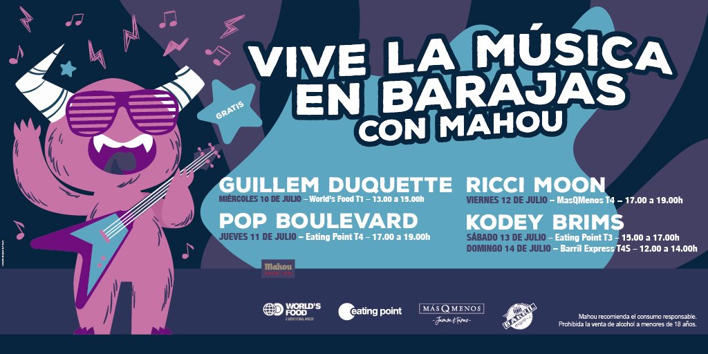 SmartTravelers_'s tweet photo. Hoy #PopBoulevard en directo hoy en el #EatingPoint de #T4 en el #aeropuerto #Madrid-Barajas. ¡Seguimos poniendo sonido a tus esperas en #Barajas! ✈️🎵
¡Ven y disfruta del dúo #PopBoulevard en directo! #MúsicaenBarajas con @Areas_ES, @mahou_es & @aena 📍#FelizJueves https://t.co/AVAeuoi6wY