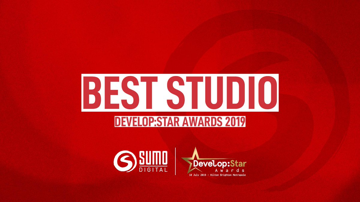 SumoDigitalLtd's tweet photo. We are over the moon to be named Best Studio at the #DevelopStars Awards 2019! ✨ It's all thanks to the collective hard work of our incredible studios #SumoSheffield, #SumoNottingham, #SumoNewcastle, #SumoLeamington, @SumoVideoGames, @RedKiteGames and @ChineseRoom! https://t.co/2wpU8Y3B3L