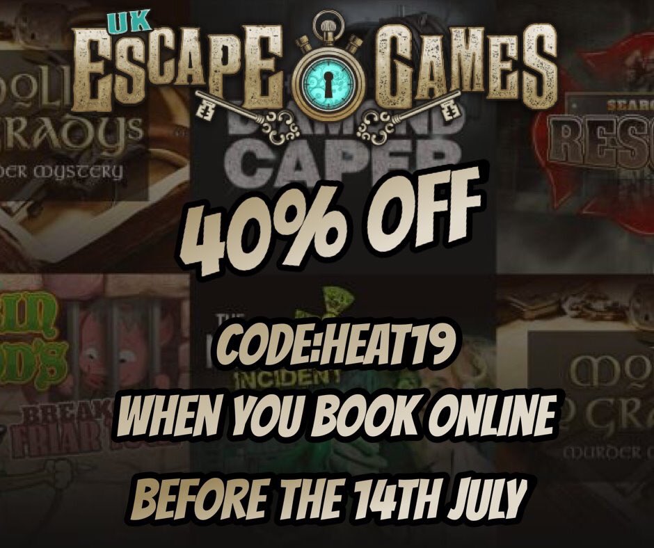 💰💰SAVE 40% ON ALL ESCAPE GAMES
Last chance to save a HUGE amount on our awesome escape games. Just Book &amp; Play before the 14th July.
BOOK online👉bit.ly/2JfWlw8
#escapegames #teambuilding #greatdayout #ThursdayMotivation #offer <a href="/VisitNotts/">Visit Nottinghamshire</a> <a href="/nottslive/">NottinghamshireLive</a> <a href="/leicslive/">LeicestershireLive</a>