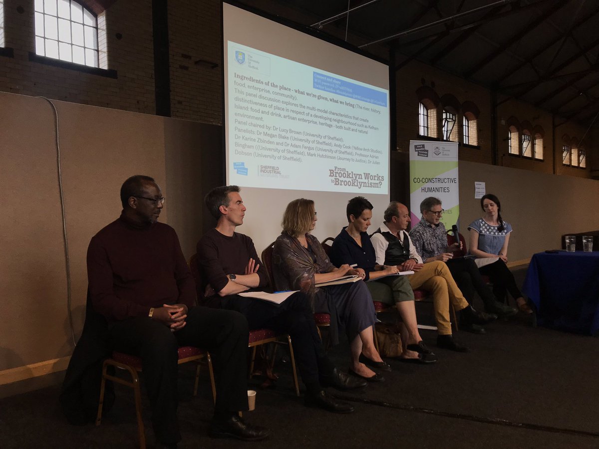CoConHum's tweet photo. Second panel on the “ingredients” of the place - what we’re given, what we bring With Dr Lucy Brown, @GeoFoodieOrg, Andy Cook @YellowArch, @juliandobson, Mark Hutchinson, @acbingham @unishefhistory &amp; Karine Zbinden @ShefLanguages @AHKExchange @KelhamIsland #brooklynism https://t.co/gKzrovNYSi