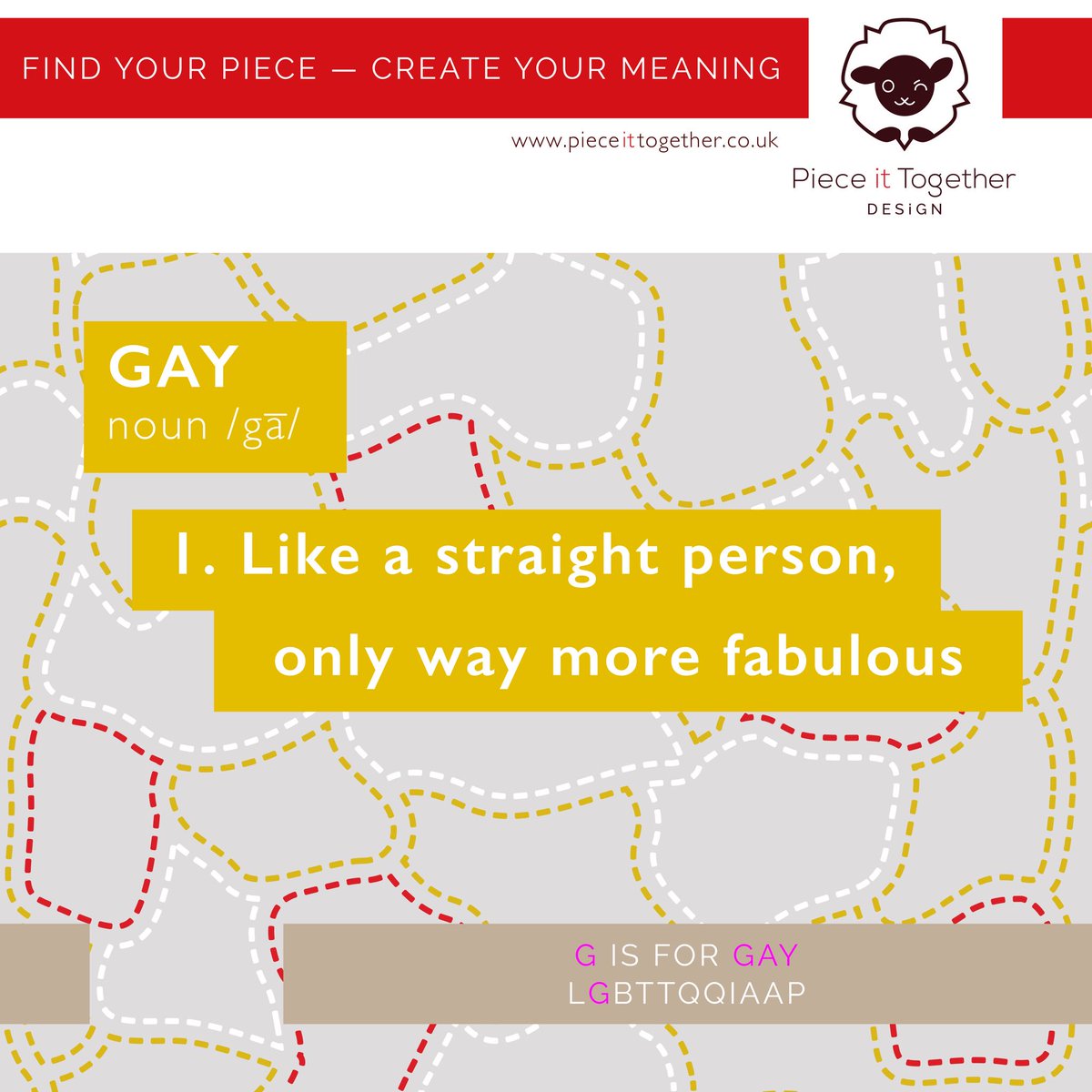 PiTDesignUK's tweet photo. Our second ‘label’ from the LGBT+ acronym brought to you with a little fun - G for Gay - basically for individuals attracted to someone of the same sex*, usually in relation to men #equality #diversity #pride🌈 #findyourpiece #createyourmeaning *other definitions are available 🧐 https://t.co/0r5YIffEmx