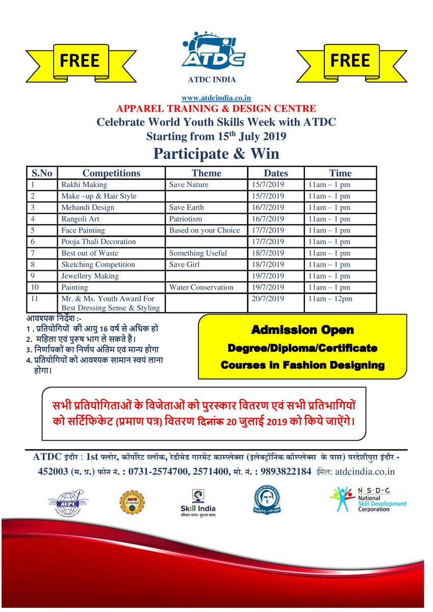 AtdcIndore's tweet photo. #ATDC #Participate #WorldYouthSkillsDay #Join #Register #Competition #Win #Fashion #Mehandi #Rangoli #Makeup #hairstyle #facepainting #poojathalidecoration #jewelleymaking #painting #sketching #bestoutofwaste #bestdressingsense #facepainting #rakhimaking #registernow #showurskill https://t.co/KLd2IENNVs
