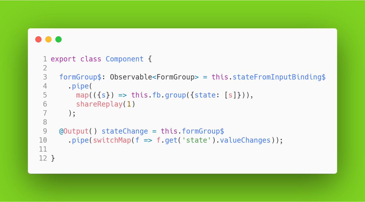 Michael_Hladky's tweet photo. Did you know that #angulars @'Output() bindings can be just #RxJS Observables?
Reactive Input -> Reactive Form -> Value Changes -> Output Binding
No EventEvmitter, No Subject. All immutable 😎😎😎 https://t.co/GOcUZF6Uxz