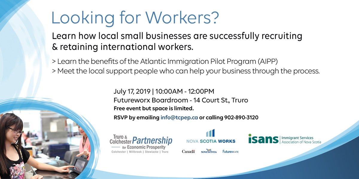 isans_ca's tweet photo. It's not too late to register!

Join us for a free information session to learn how local small businesses are successfully recruiting and retaining international workers. Space is limited. For more information or to register, contact: info@tcpep.ca or 902-890-3120. https://t.co/dKBCaAc6LG