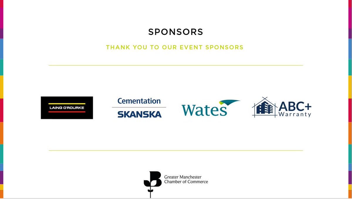 gmchamber's tweet photo. Finally, a huge thanks to today's sponsors, @Laing_ORourke, @SkanskaUKplc , @WatesGroup and @InfoPccltd. Thank you for your support! #GMConstruct2019 https://t.co/vun1NYuxuN