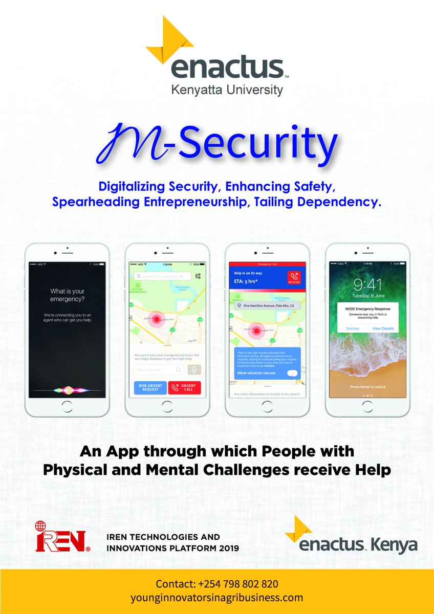 Enactus Kenyatta University is developing an App that will enable physically and mentally challenged people receive help. The App is called "M-Security"
<a href="/PaigeMaina/">Paige Maina</a> <a href="/ShikwatiJames/">james shikwati</a>
#SmartSolutions <a href="/MOH_Kenya/">Ministry of Health</a> 
#EnactusKenyaExpo
<a href="/EnactusKU/">Enactus Kingston</a>