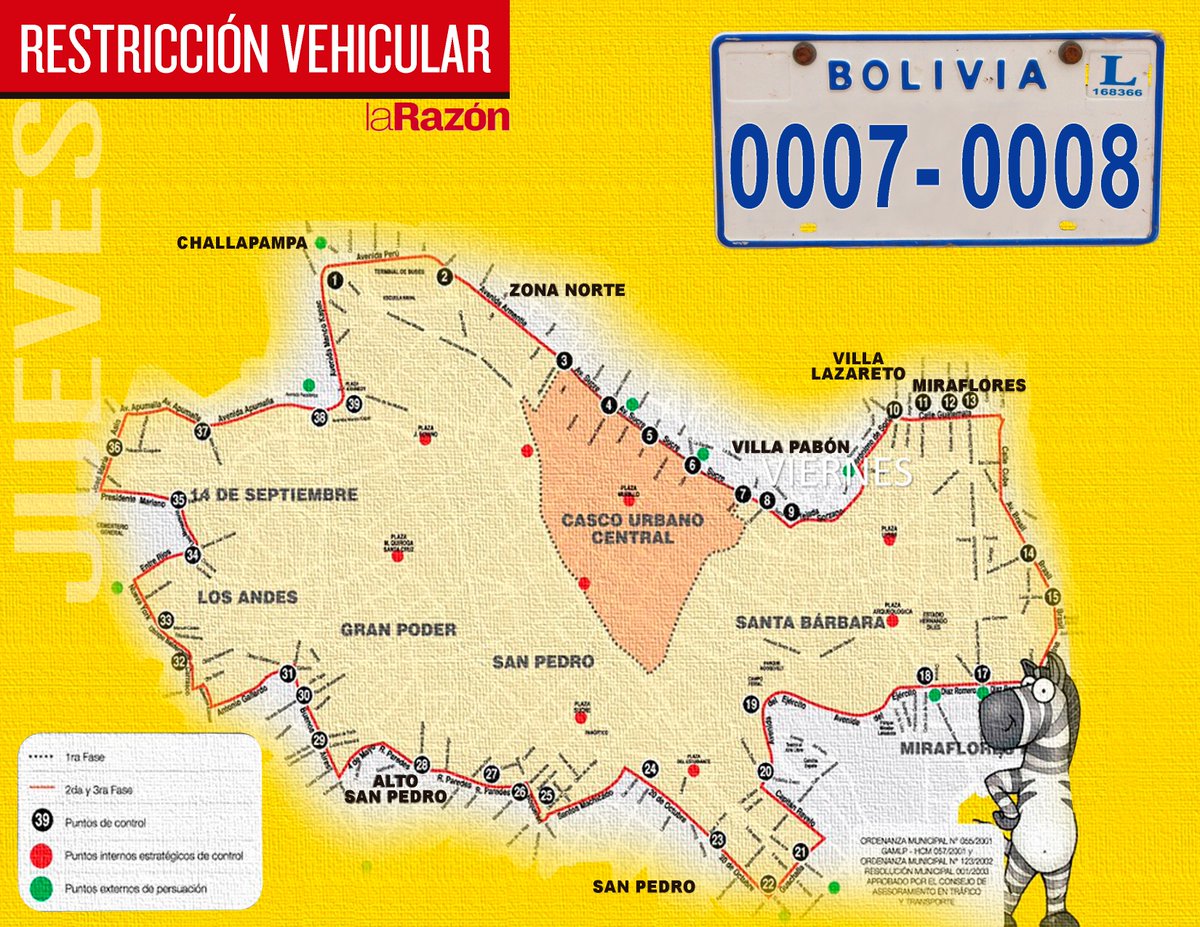 #RestricciónVehicular 
Este jueves no circulan por el centro paceño los vehículos con placas que terminan en 7 y 8