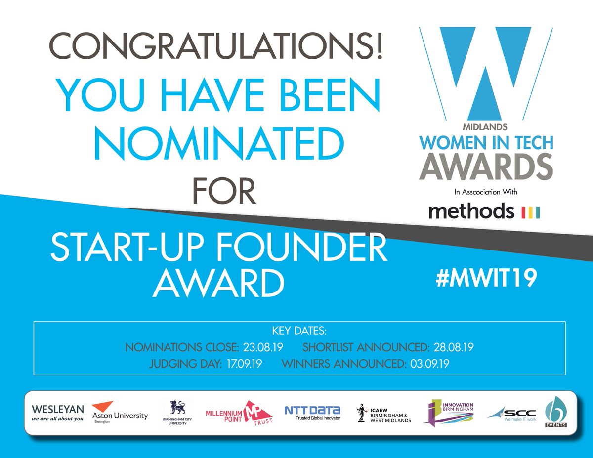 WITAwards's tweet photo. Congratulations Sallie Allen @EnployTalent you have been nominated for a ‘Start-up Founder Award’ at this year’s @WITAwards taking place on the 03.09.19 @innobham shortlist will be announced 28.08.19 #goodluck #WMWIT19 https://t.co/8bxW33o9NY