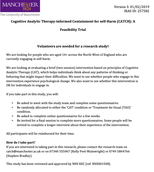 Volunteers are needed for a research study!
#selfharm #selfharmresearch #manchester #universityofmanchester #mentalhealth #mentalhealthresearch