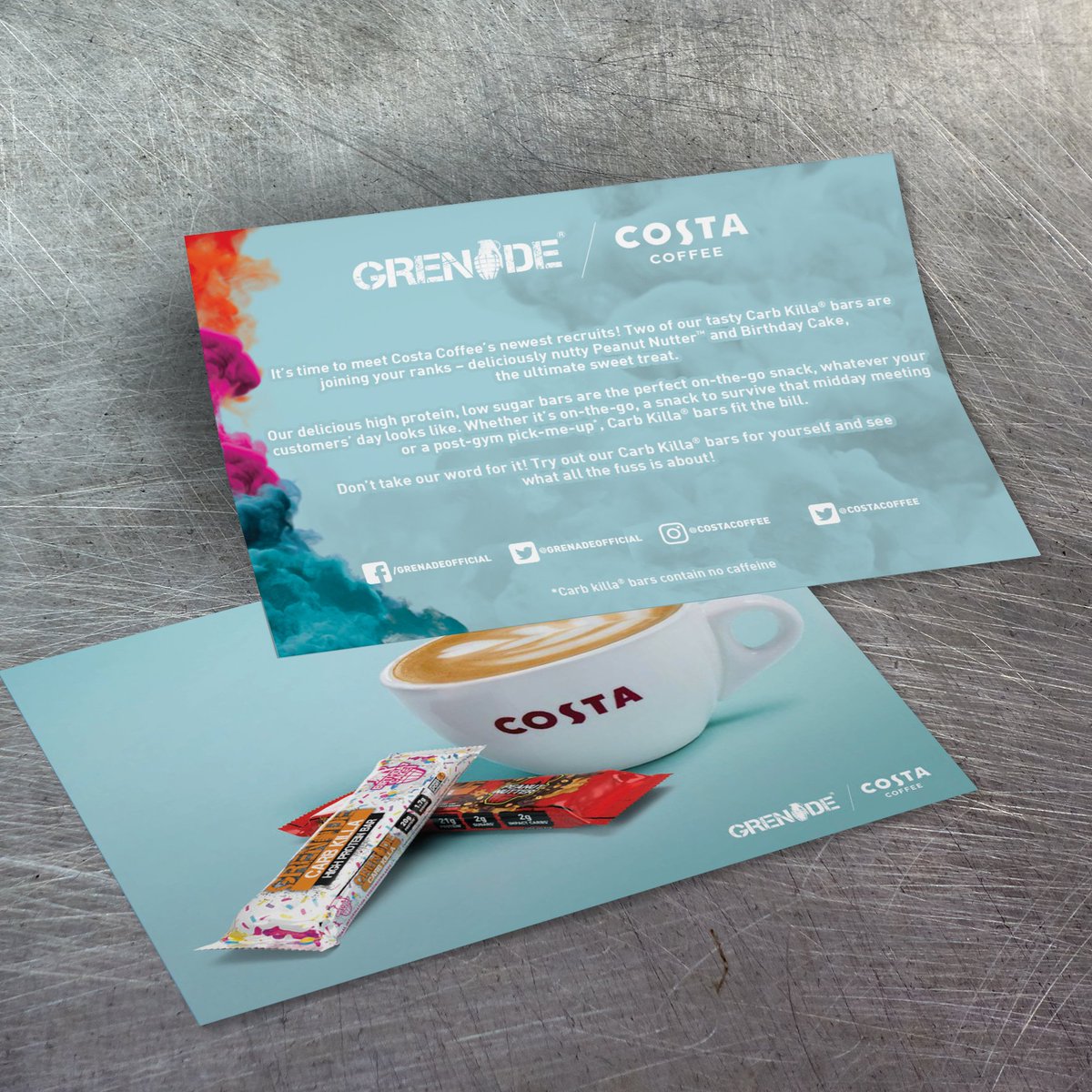 mixamprint's tweet photo. Yeah! @grenadeofficial really know how to promote their #CarbKilla bars - With colourful flyers to spread the #SnackingRevolution! Now also available in @CostaCoffee โ๏ธ๐ซ Flyers digitally printed by @mixamprint to make the colours pop!
#GrenadexCosta #Grenade #YouGotThis https://t.co/RjLSQG9Vst