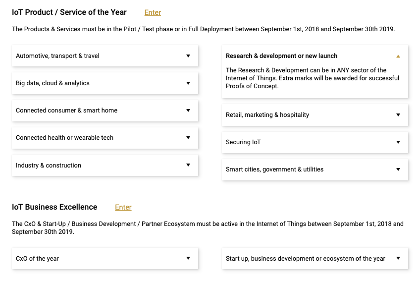 IoTGlobalAwards's tweet photo. With so many categories to enter your #IoT #innovation how do you choose just one? You don’t have to! Enter as many as you like – From #transport and #retail to #construction and #utilities we have you covered. Come have a look  https://t.co/l7phwWedrl #InternetOfThings https://t.co/mRBUth3VYM
