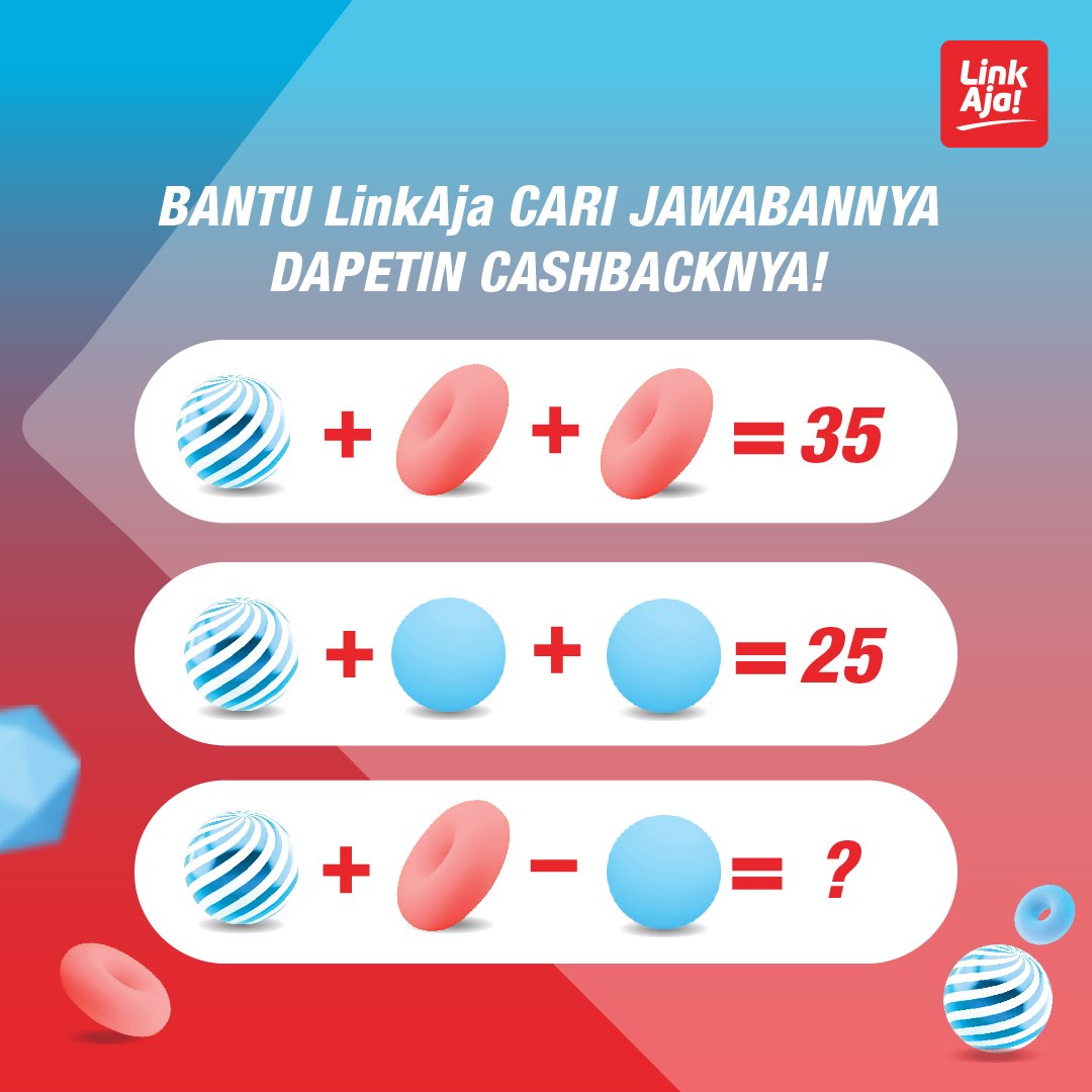 linkaja's tweet photo. LinkAja punya pertanyaan Matematika nih buat kalian semua! 

Coba deh itung berapa hasil dari tanda tanya yang ada di gambar. RT dan kasih jawaban kamu karena ada saldo LinkAja Rp.200.000 buat 3 orang beruntung! Dapetin CASHBACK tiap kalian makan di merchant promo  #PakeLinkAja! https://t.co/kAgXzlT4Ax