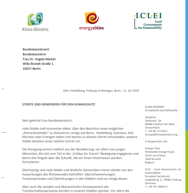 ICLEI_Europe's tweet photo. In a letter to Chancellor Merkel, the German mayors who Chair @ClimatAlliance, @energycities and @ICLEI_Europe have called for action from the German government that matches #climate goals, and for a strategic partnership with #cities Read the letter at: https://t.co/xb2kQPIkp6 https://t.co/M7Eb7tlR18