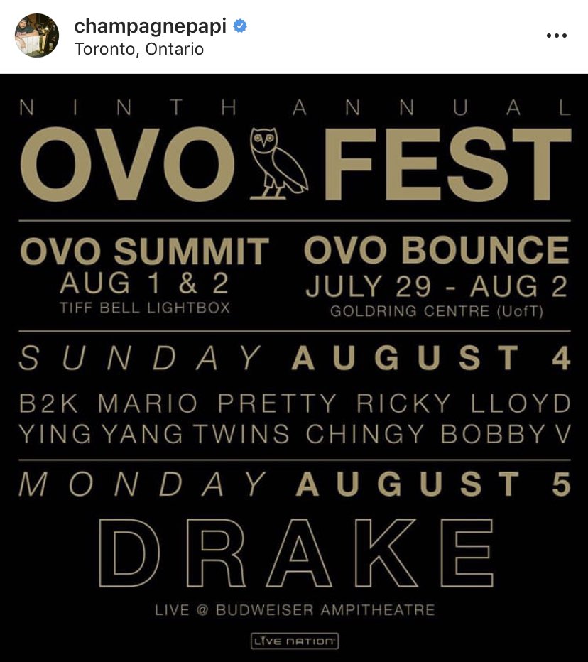 iHeartRadioCA's tweet photo. Drake has just announced the lineup and dates for this year's #OVOFest! 👀👀👀 https://t.co/PyWmYDirh4