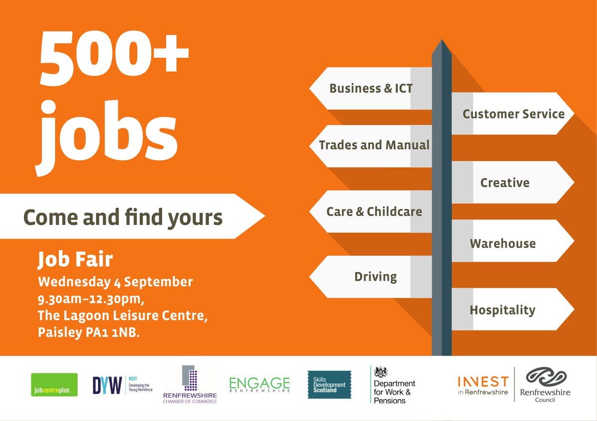 InvestinRen's tweet photo. AND THE BIG ANNOUNCEMENT IS.... WE ARE HOSTING ANOTHER INVEST IN RENFREWSHIRE JOBS FAIR!!🥳🥳
Save the date for Wed 4th September at the Lagoon Leisure Centre, Paisley. With a large number of jobs on offer this is going to be the perfect place to secure employment! 💼🤝 https://t.co/YNhjUVb3Uu