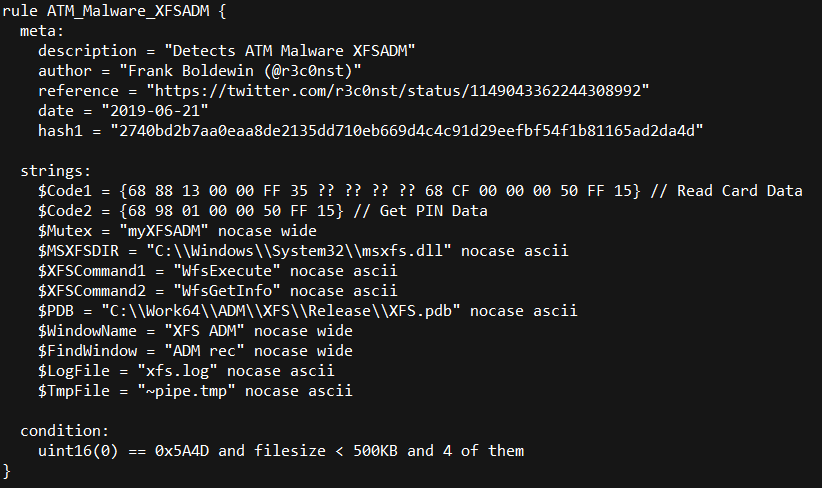 r3c0nst's tweet photo. Here is a YARA rule for the XFSADM #ATM #Malware This one does no Cashout. It's a software skimmer, stealing card data. https://t.co/HdsNyN6bE3 #DFIR https://t.co/guTUKBXdrh