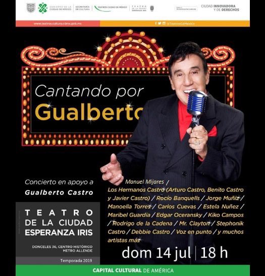 Buenos días mi gente querida y generosa.
 Recuerden que tenemos una cita el próximo Domingo 14 de julio 6pm en el <a href="/TeatroEsperanza/">Teatro Esperanza</a> con grandes artistas y amigos #CantandoPorGualberto <a href="/Ticketmaster_Me/">Ticketmaster México</a> <a href="/Gualas_Castro/">Gualberto Castro</a> 
#Alegría🎉 <a href="/GobCDMX/">Gobierno de la Ciudad de México</a>