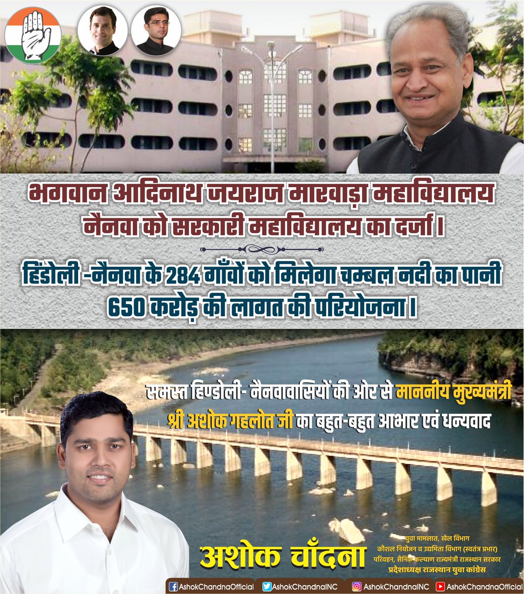 AshokChandnaINC's tweet photo. भगवान आदिनाथ जयराज मारवाड़ा महाविद्यालय नैनवा को सरकारी महाविद्यालय का दर्जाl
हिंडोली-नैनवा के 284 गाँवों को मिलेगा चम्बल नदी का पानी ₹650 करोड़ की लागत की परियोजनाl 
समस्त हिण्डोली- नैनवावासियों की ओर से माननीय मुख्यमंत्री श्री @ashokgehlot51 जी का बहुत-बहुत आभार एवं धन्यवादl https://t.co/j1JgOqBnvB