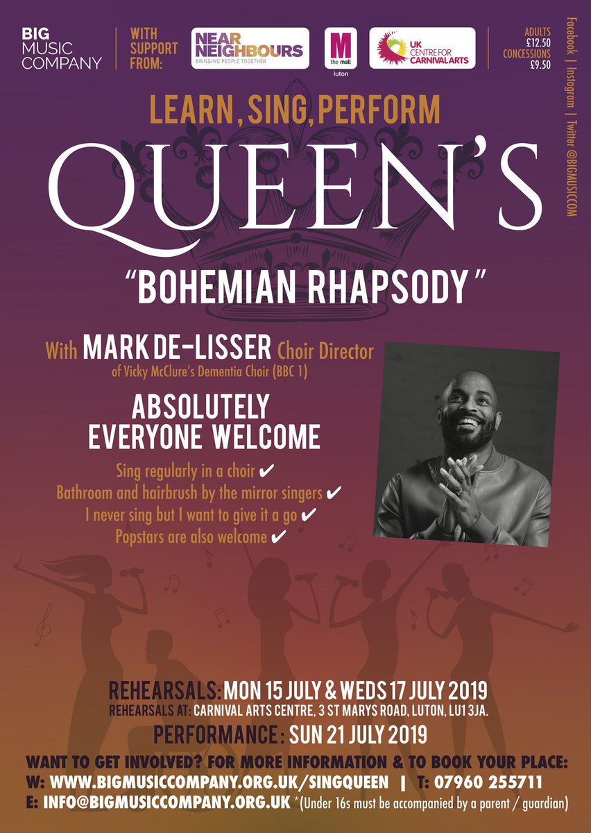 bigmusiccom's tweet photo. LUTON’S BIG SING
This July. Top UK Choir Director Mark De-Lisser comes to Luton to lead Luton’s biggest community singing event. In just 2 rehearsals Mark will get us into tip-top vocal shape &amp; we will learn &amp; perform “Bohemian Rhapsody”
#LutonSingsQueen #EveryVoiceWelcome https://t.co/XX60I5MWET