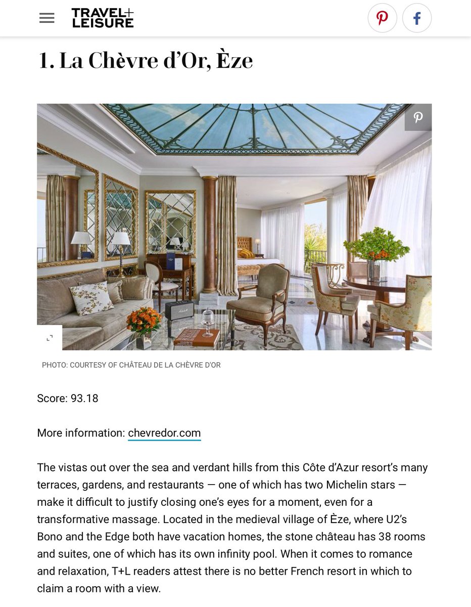 Thank you <a href="/TravelLeisure/">Travel + Leisure</a> for this number one position as Best Resort in #France and thank you to my teams for offering everyday the best #experience to our guests <a href="/chevredorfrance/">La Chèvre d'Or - Relais & Châteaux</a> 🙏 <a href="/RelaisChateaux/">Relais & Châteaux</a> <a href="/LGTDM/">GrandesTablesDuMonde</a> <a href="/guideMichelinFR/">Le guide MICHELIN</a>