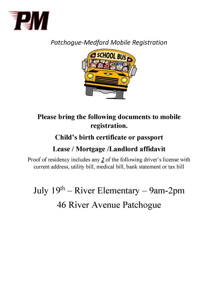 Upcoming Mobile Registration for Pat-Med Schools. Friday July 19th 9am to 2pm. Located at River Elementary/ Próxima inscripción móvil para el distrito escolar de Pat-Med. Ubicado en la escuela primaria River viernes el 19 de julio 9am- 2pm. @PatMedSchools <a href="/pta_river/">River Elementary PTA</a> <a href="/pmlib/">Patchogue-Medford Library</a>