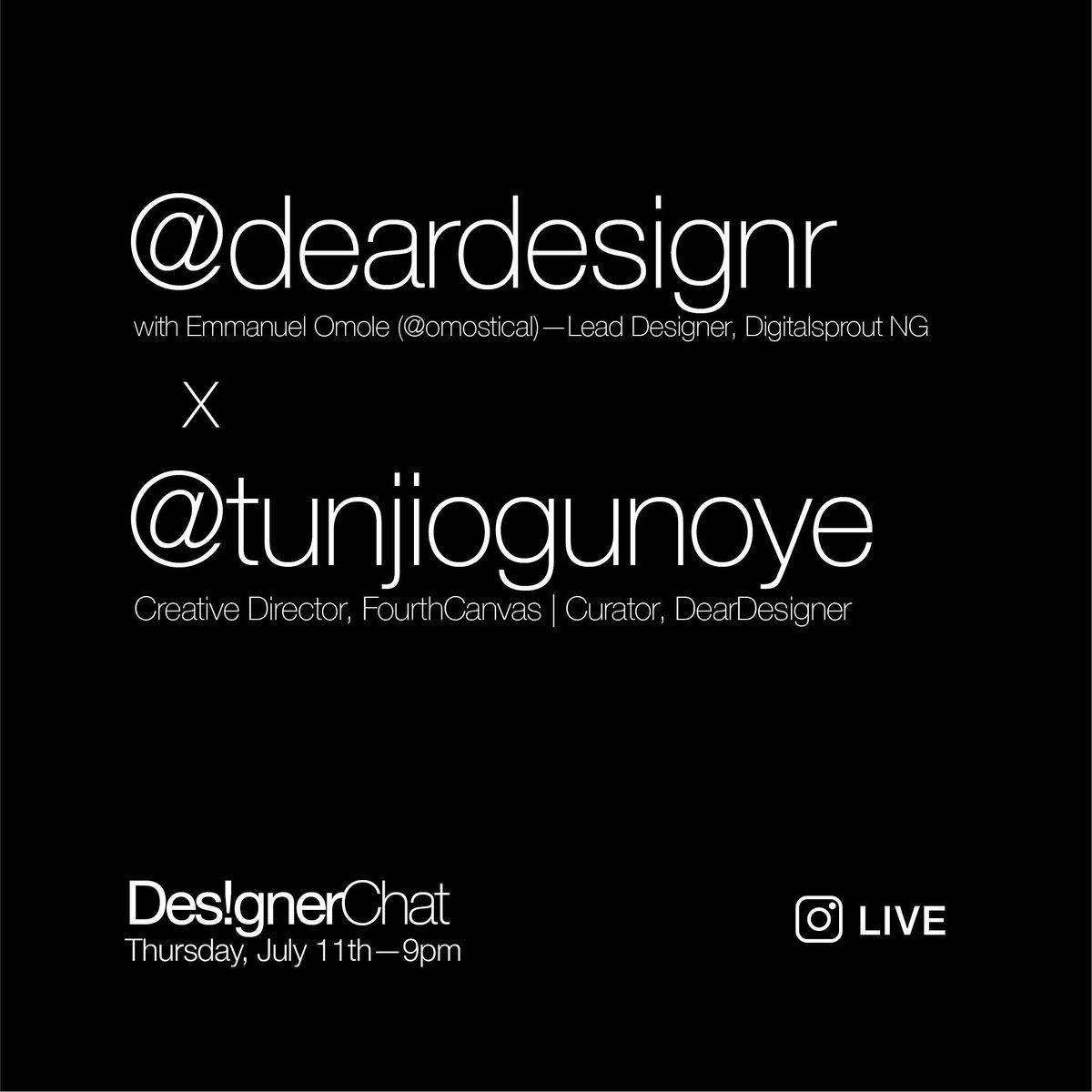 TunjiOgunoye's tweet photo. I know you have questions about the @deardesignr project. Join me on the #DesignerChat tonight via @deardesignr IG LIVE as I provide answers to some of these questions and some others. .
@omostical will be moderating the Chat.
9pm it is. https://t.co/ATpNTF0vwC