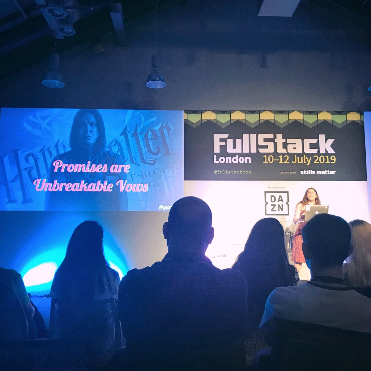 #FullStackCon 2019 day2 😙 Enjoying <a href="/gurlcode/">Jenn Creighton</a> talk about #javascript generators “promises are unbreakable vows” 🤣