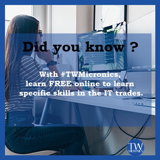 TWMicronics's tweet image. E-LEARNING - FREE
With #TWMicronics, learn FREE online to get specific skills in the IT trades.
👇
formation.twmicronics.com

Call to find out what it is:
654 03 03 50

#DataScience 
#designthinking 
#Algorithms 
#python #Cameroon
#IT
#DesignThinking
#Excel
#MicrosoftEdu