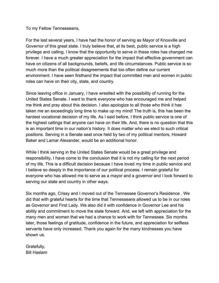BillHaslam's tweet photo. Please see the full statement on my decision to not run for United States Senate. https://t.co/WFgLC8kLWP