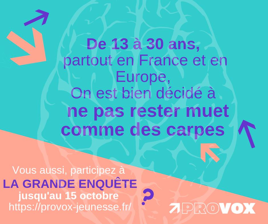 ProvoxJeunesse's tweet photo. 🤐 Ne laissez pas les autres s'exprimer à votre place ! 🗣 Faites entendre votre voix dans la construction des politiques #jeunesse 🇪🇺 en répondant à la Grande Enquête  ➡️  https://t.co/HrlGBYOxwJ 
Partagez la pour que d'autres puissent aussi s'exprimer 💬 ! #ForYouthRights https://t.co/002UGl2BKz