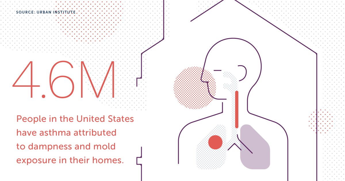 RWJF's tweet photo. 4.6M people in the U.S. can attribute their condition to dampness and mold in their homes. This is one of many reasons why @RWJF believes affordable housing is an important health equity issue. https://t.co/q3TsjQKKqv https://t.co/2B93ZRUdIP