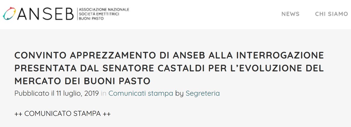 ANSEB_Italia's tweet photo. COMUNICATO STAMPA: @ANSEB_Italia esprime convinto apprezzamento verso l'interrogazione presentata dal senatore #Castaldi @Mov5Stelle @SenatoStampa in materia di evoluzione del mercato dei #buonipasto. Attendiamo con lui la risposta dei Ministeri competenti https://t.co/DnF1HDFKil https://t.co/eWPkPIacbC