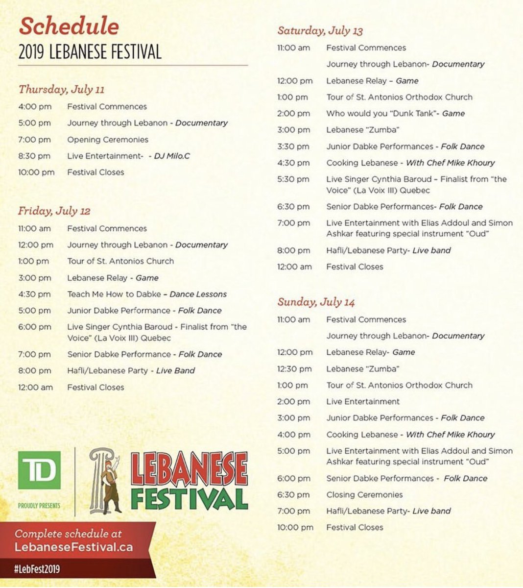 #TD is the proud sponsor of <a href="/LebFestHalifax/">Lebanese Festival</a> - Doors open today!! Full schedule below. You don’t want to miss this entertaining and delicious event! #LebFest #Yalla #Lebanese #Halifax #MultiCulture