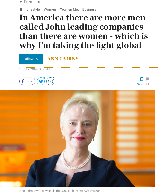 30percentclub's tweet photo. In her new capacity as Global Co-chair of 30% Club @AnnMCairns from @Mastercard sets out her goals for the new era of the Club and revists our goals and objectives as we work with FTSE CEO and Chairs to reach greater gender diversity @Telegraph https://t.co/qPb4Oqg628 #30pc https://t.co/z1OjsfTSNW