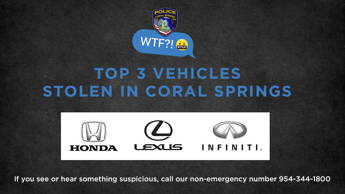Own a Honda, Lexus or Infinity? Those are the top three vehicles stolen in Coral Springs. Consider an after-market alarm and report suspicious activity to our non-emergency number 954-344-1800. #9PMRoutine #WherestheFob