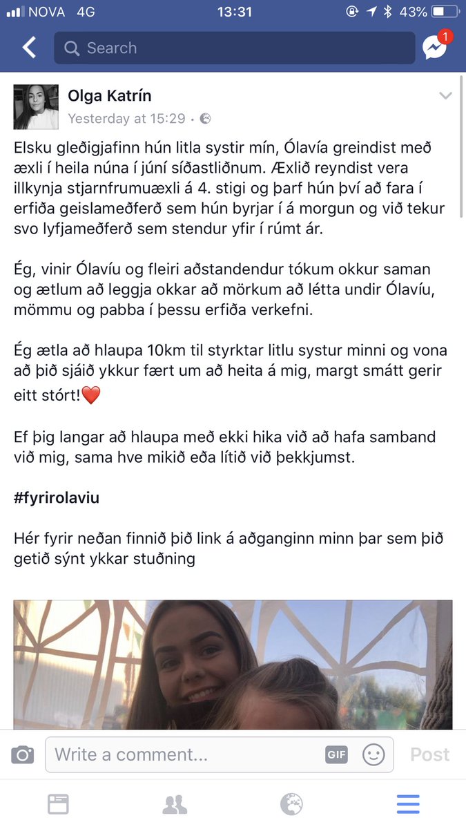 Ég hleyp fyrir litlu systur mína sem greindist með heilaæxli fyrr á árinu❤️  #fyrirolaviu hlaupastyrkur.is/einstaklingar/…