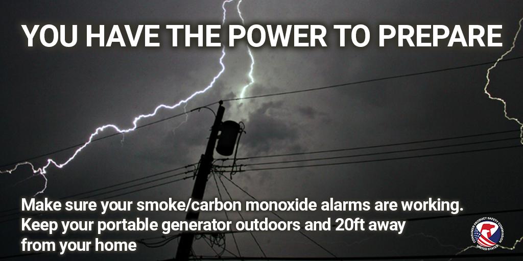 A photo of a lightning bolt in the sky with power lines in the foreground. The text reads: You have the power to prepare.