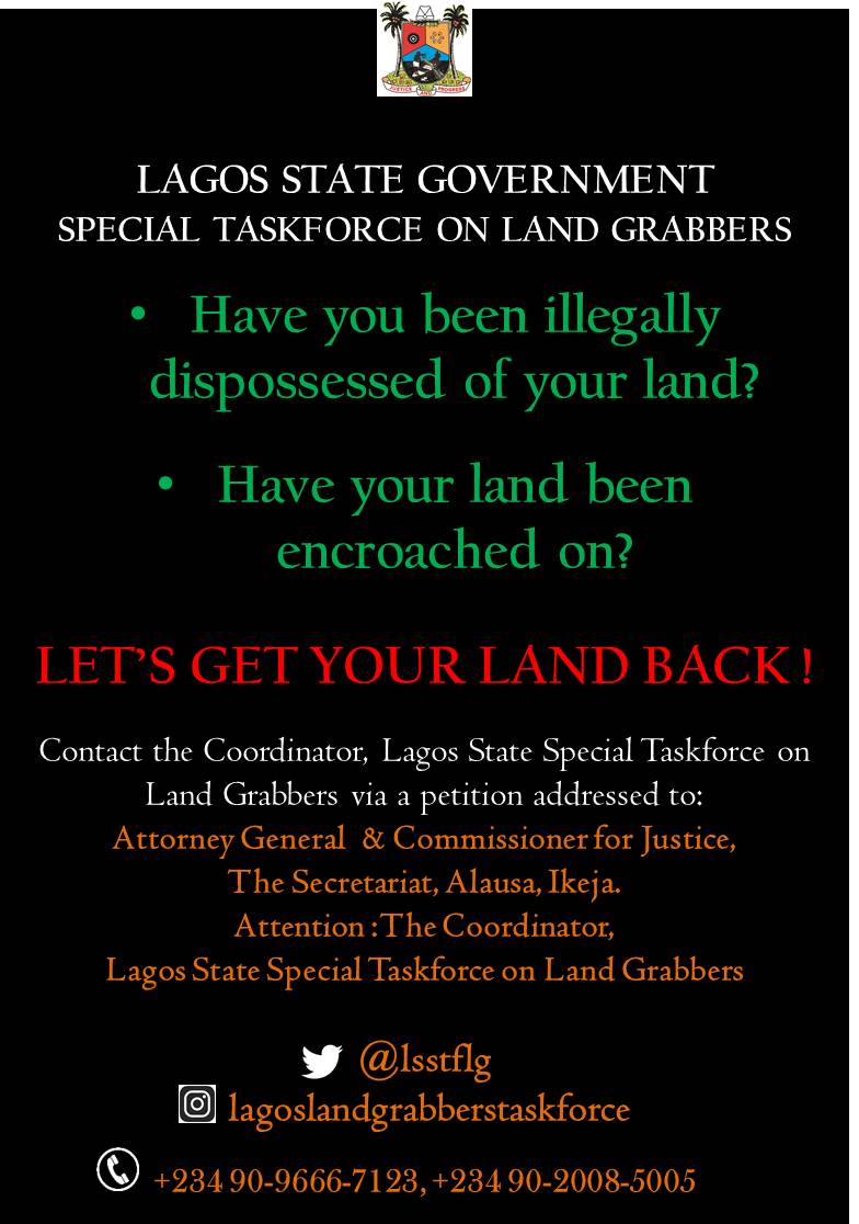 Say NO to Land Grabbing. It's a criminal offence. Let's get your land back! Call our helplines - +234 90-9666-7123, +234 90-2008-5005