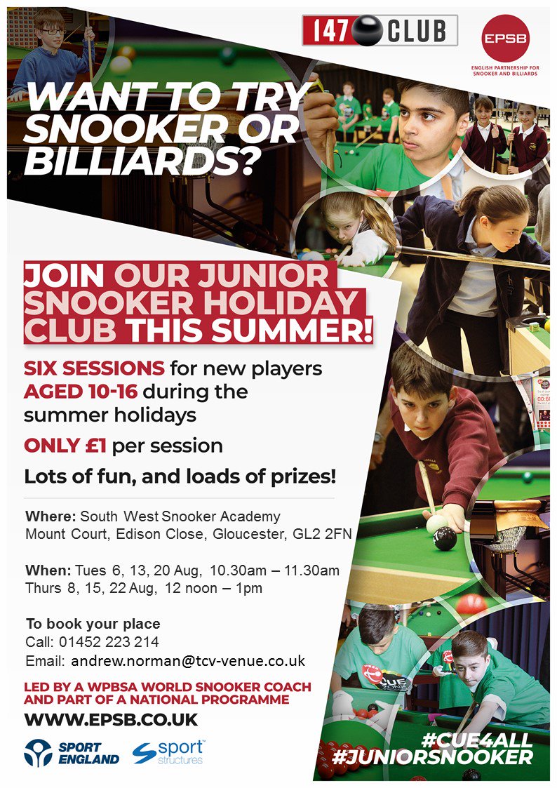 EPSBofficial's tweet photo. 📣 GLOUCESTER | For 10-16 year olds living in Gloucestershire 👍

This summer holiday take part in junior snooker sessions for only £1 each 😃
Supported by @Sport_England 

For brand new players! Friendly, fun, loads of prizes!

See how exciting this sport can be!

#JuniorSnooker https://t.co/nfNaHqcGzJ