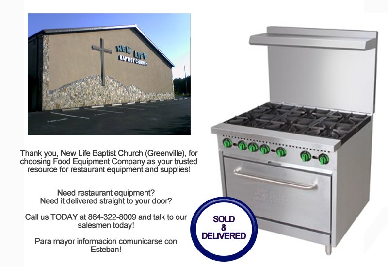 FoodEquipmentCo's tweet photo. Thank you, New Life Baptist Church, for choosing Food Equipment Company as your trusted resource for restaurant equipment. New Life Baptist Church now has a fantastic (6) burner range from our Private Label Collection. https://t.co/561t9fQaAI