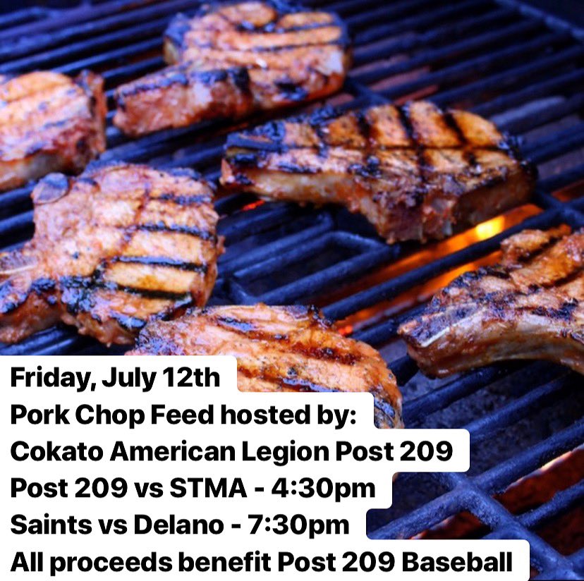 DCSaints's tweet photo. Tomorrow night, the Post 209 legion baseball team is hosting pork chop dinner! Served at 430 - just $8 per plate and all proceeds go to the Post 209 team. Come on out for two exciting games!

Post 209 vs STMA - 430
Saints vs @DelanoAthletics -730

#Post209 #PorkChopFeed #HalosUp https://t.co/M5G7Y0V09A