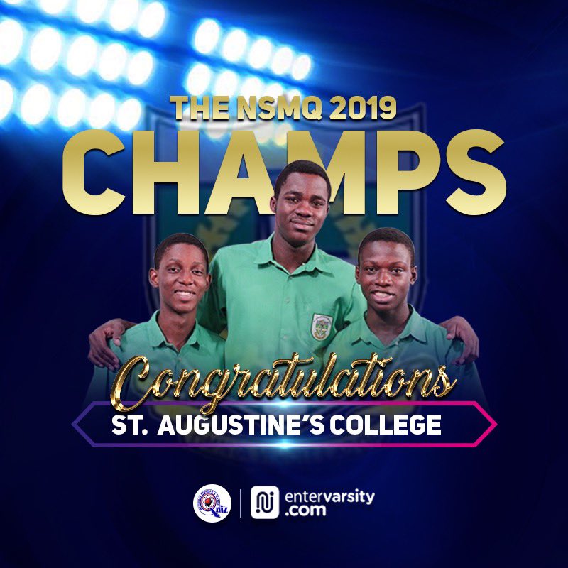 entervarsity's tweet photo. And St. Augustine’s wins the championship title !!!!!! This is their second time winning. They did that.

Congrats boys!!!!! Omnia Vincit Labor ! #entervarsity #NSMQ2019Finals https://t.co/exjSc5U5qT