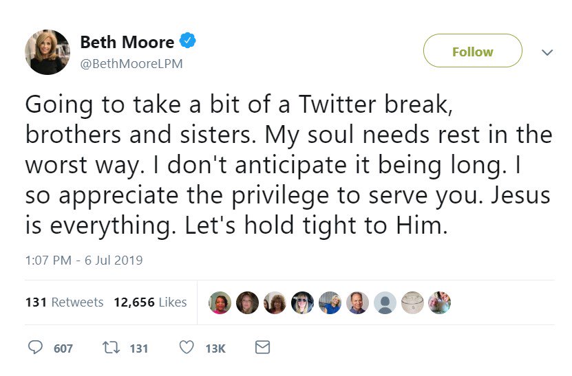 elizabethprata's tweet photo. Aren't you over the @BethMooreLPM thing YET?
No.
Why?
Because she has 2M followers on social media. Even though she withdrew from Twitter for "a break", hundreds of people still respond to it every day
Think about it. They follow her even when she's not there. #MassiveInfluence https://t.co/iCY1mvHV9K