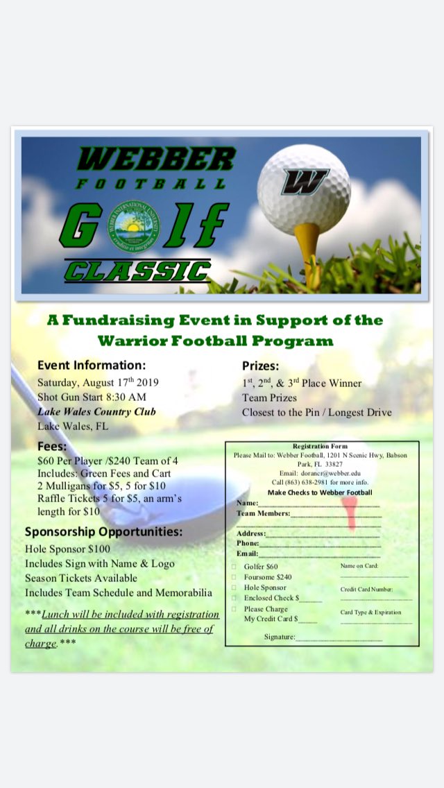 Our 2019 Webber Football Golf Classic will be Aug. 17 at Lake Wales Country Club! For more info, reach out to the email or phone number listed in the image #GolfOuting #StakeYourGround