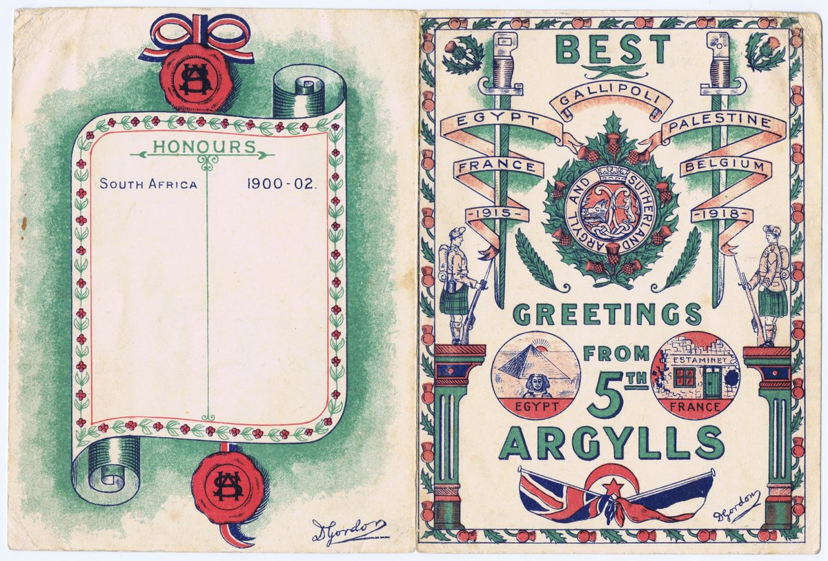 ArgyllsMuseum's tweet photo. "Best Greetings from 5th Argylls"!
This card features the battle honours of the 5th Battalion, including Egypt, Palestine and Gallipoli, and was sent #OTD in 1919.
The only message written inside is "From JEB to JW". https://t.co/2qxEDskSg3