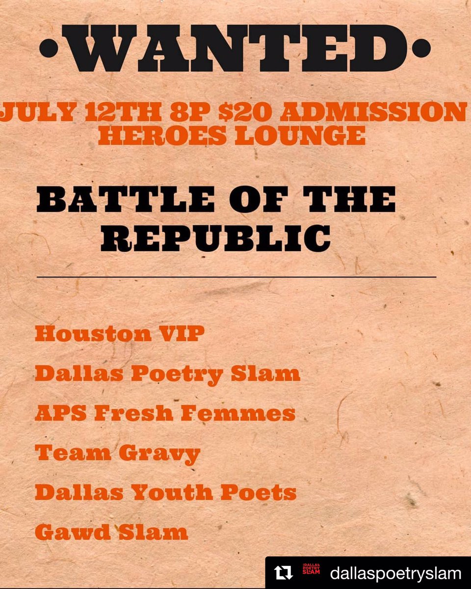 A battle you do not want to miss. 🔥🎙
・・・
Friday. Texas teams come together for one colossal Poetry slam. Hosted by <a href="/mrmichael310/">MR. Michael</a> . $20 admission. For table reservations email dallaspoetryslam@gmail.com 
#dallaspoetryslam #texaspoet #poetry