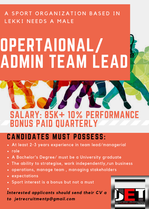 JetRecruitment's tweet photo. A Sport organisation based in Lekki needs a male operational / administrative team lead to mange its affairs https://t.co/xKlzI4bsNi https://t.co/mvSYmDCGoA