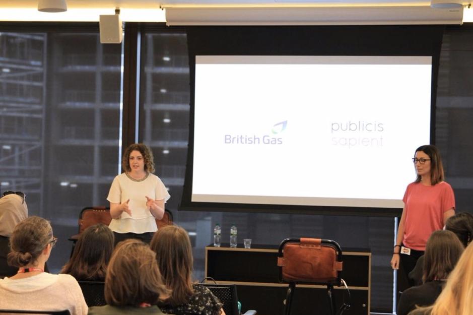 PublicisSapient's tweet photo. “With client cooperation we were able to move faster -  to go from idea to a live action in  8 weeks you need a  great team, and our core team was a trio of women.” 

@dianam002 &amp; @ahyslop95 on our project with @BritishGas at the Women in Voice meet-up #voicetech #womenintech https://t.co/Dr8NcTiZN1